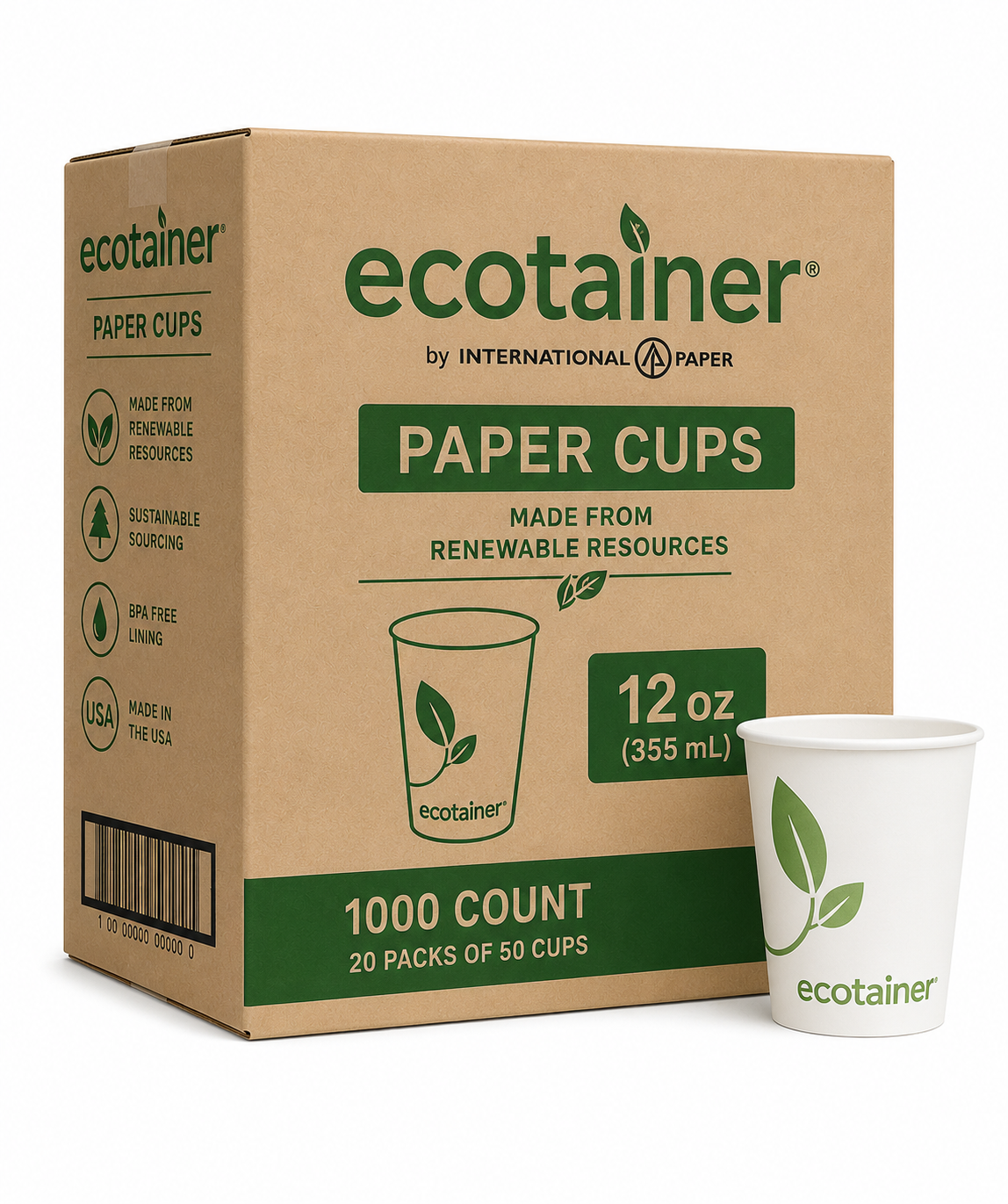 Ecotainer International Paper Cup 12 oz - 1000 Count